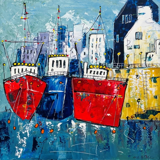 'Fishing Boats at High Tide' by artist Martin John Fowler
